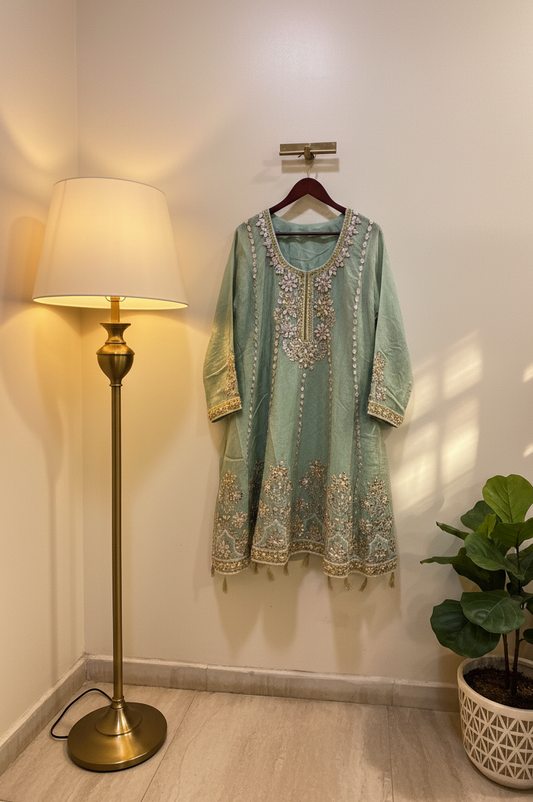 Aabroo - 3 Piece Sage Green Suit Set (Tunic Kurta, Farshi Salwar & Dupatta)