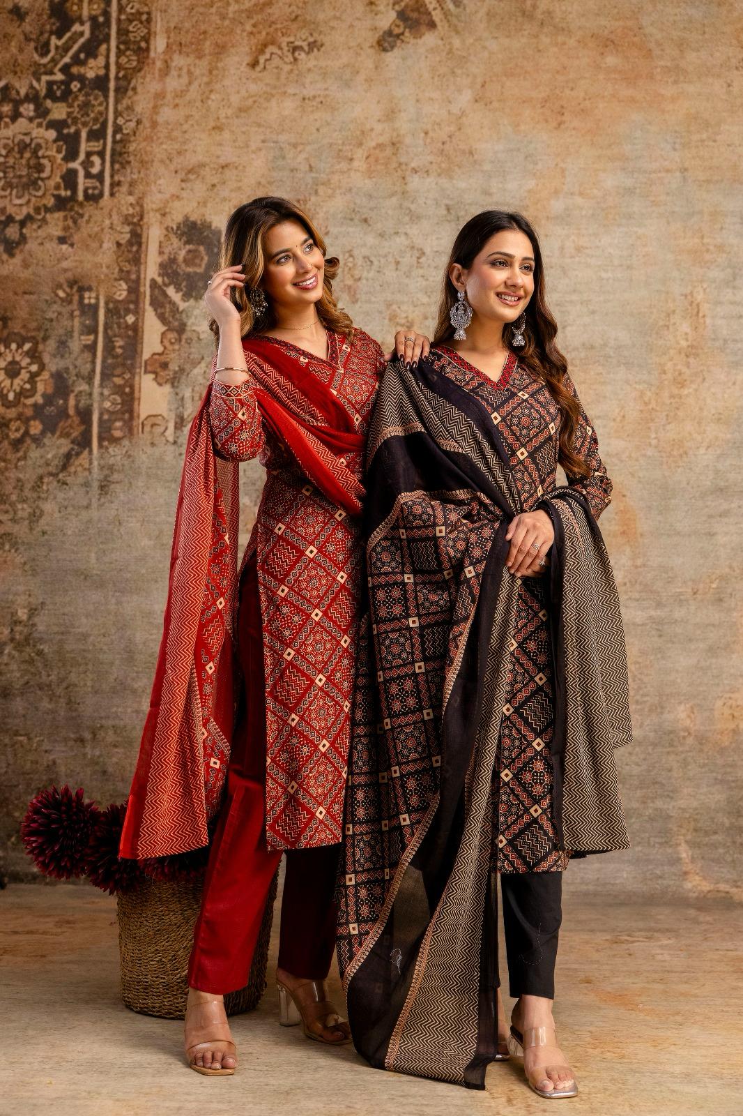 Ajrakta - 3 Piece Black Cotton Straight Suit Set