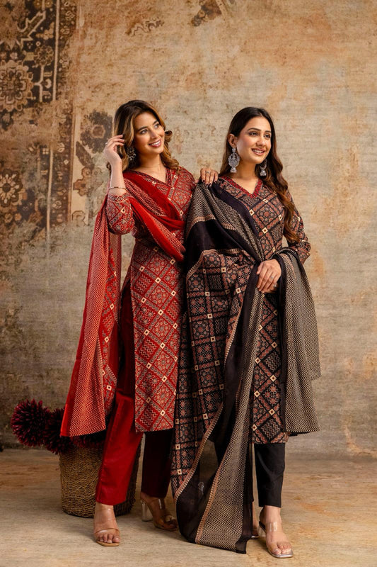 Ajrakta - 3 Piece Black Cotton Straight Suit Set