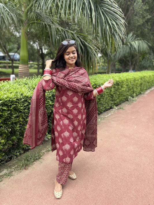 Angrakha Floral - 3 Piece Cotton Straight Suit Set