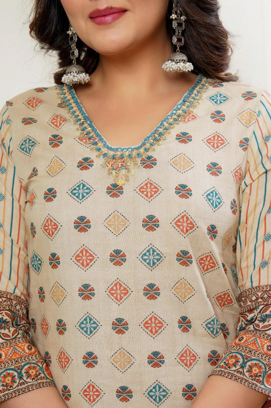Beige Multicolour Motif Print - 3 Piece Straight Suit Set