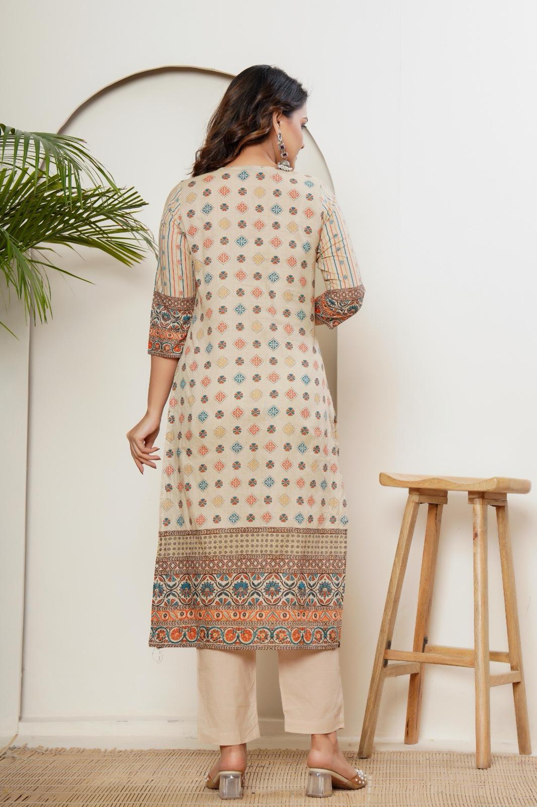 Beige Multicolour Motif Print - 3 Piece Straight Suit Set