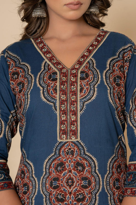 Blue Jaal Print - 3 Piece Cotton Straight Suit Set