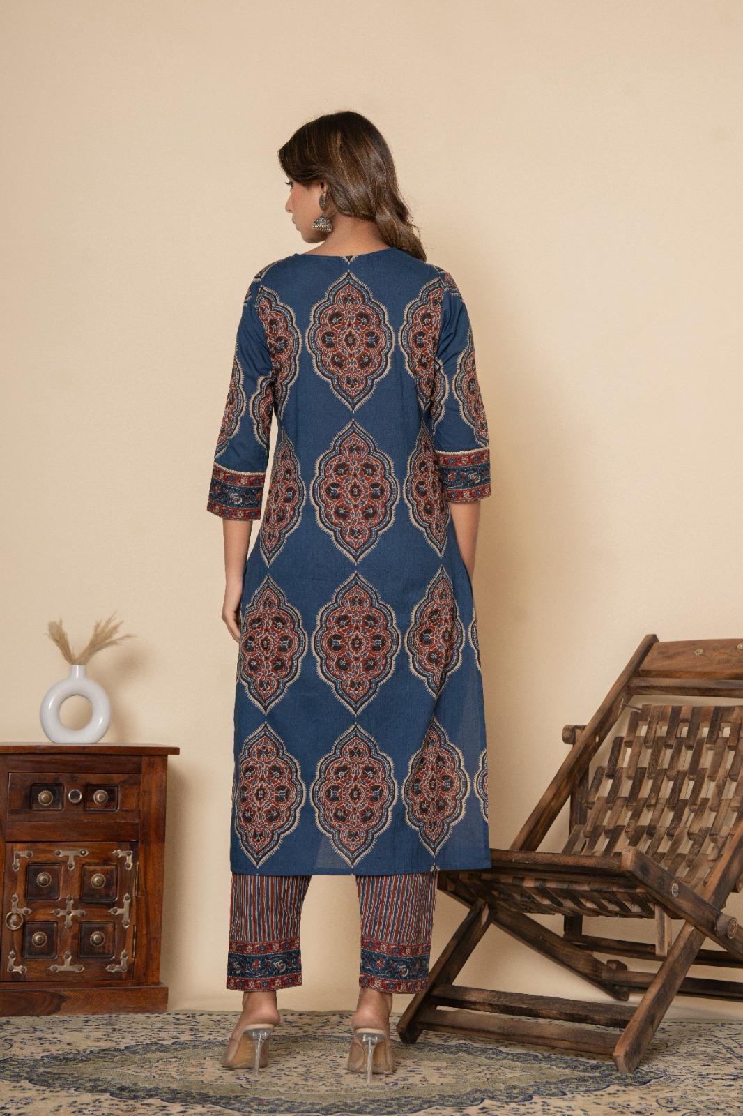Blue Jaal Print - 3 Piece Cotton Straight Suit Set