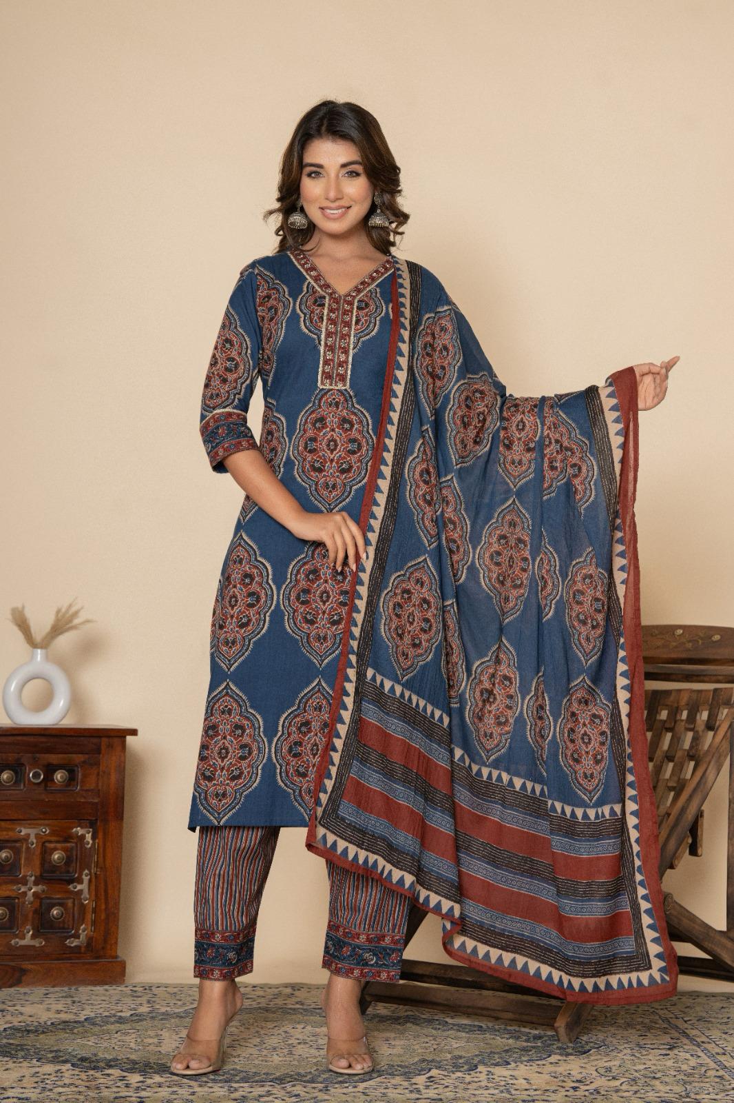 Blue Jaal Print - 3 Piece Cotton Straight Suit Set
