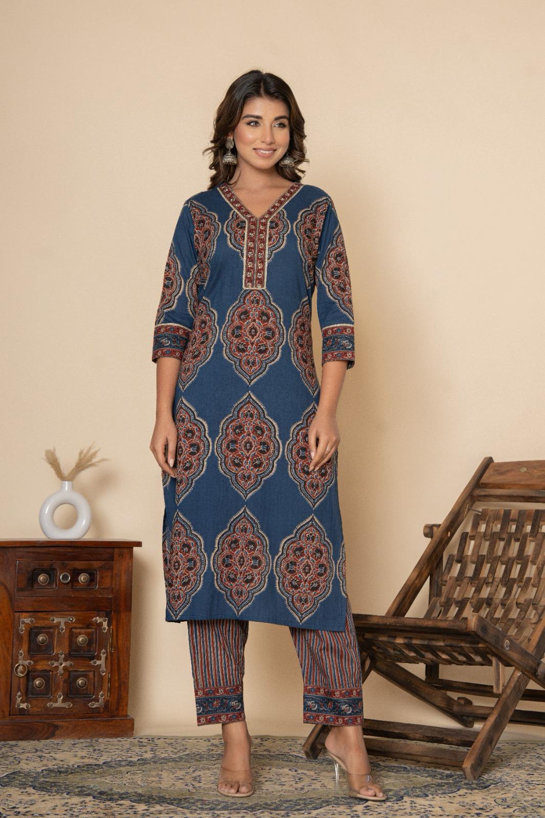 Blue Jaal Print - 3 Piece Cotton Straight Suit Set