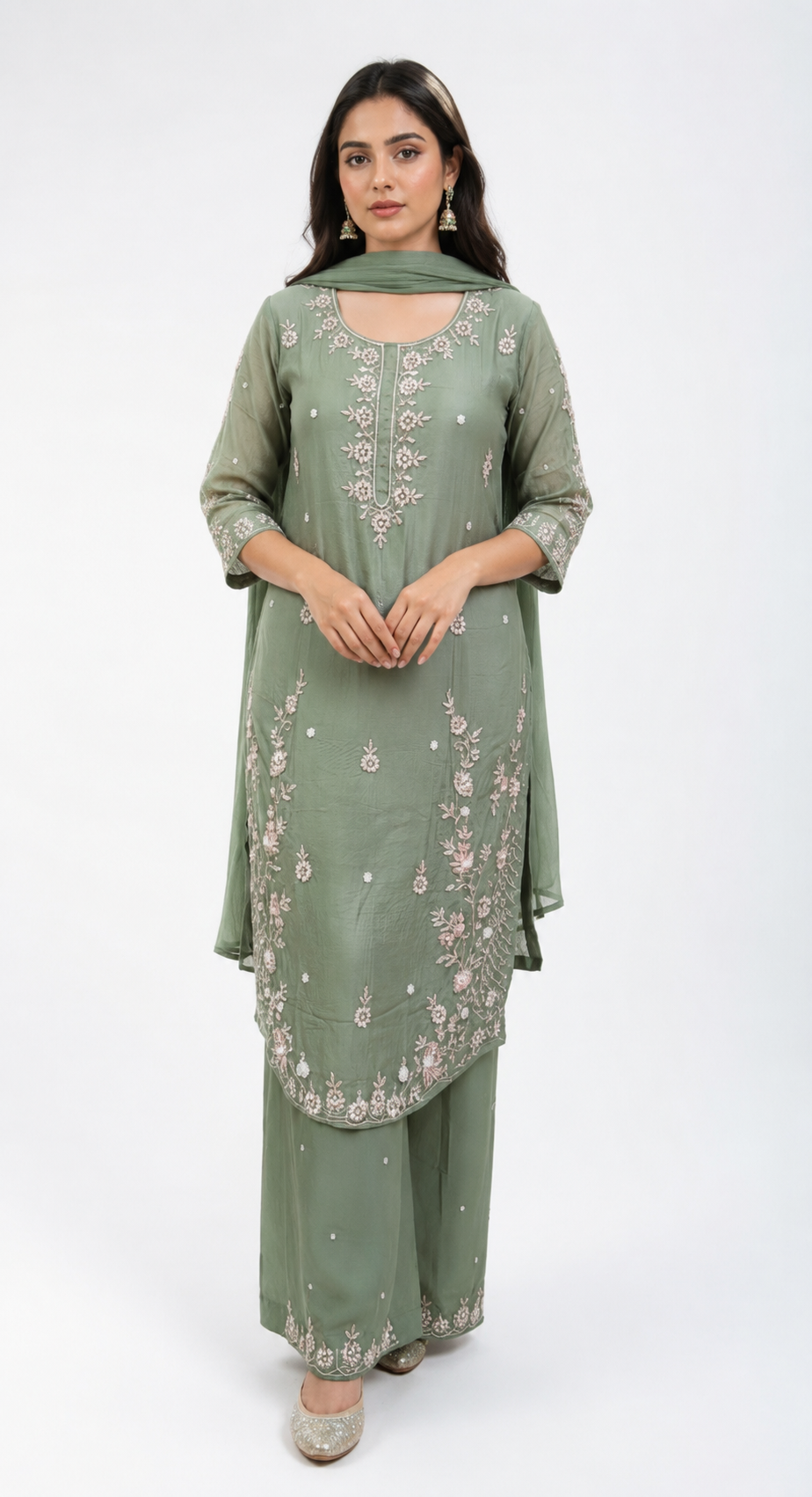 Sage Blossom - 3 Piece Embroidered Suit Set