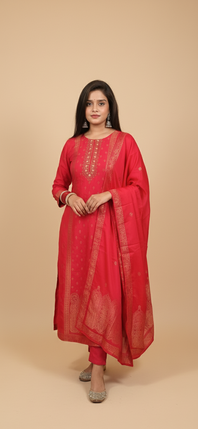 Royal Pink Zari 3 Piece Straight Suit Set