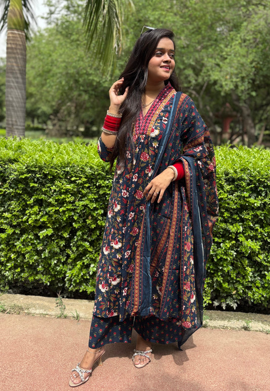 Navy Blue - Floral Print 3 Piece Frock Style Suit Set