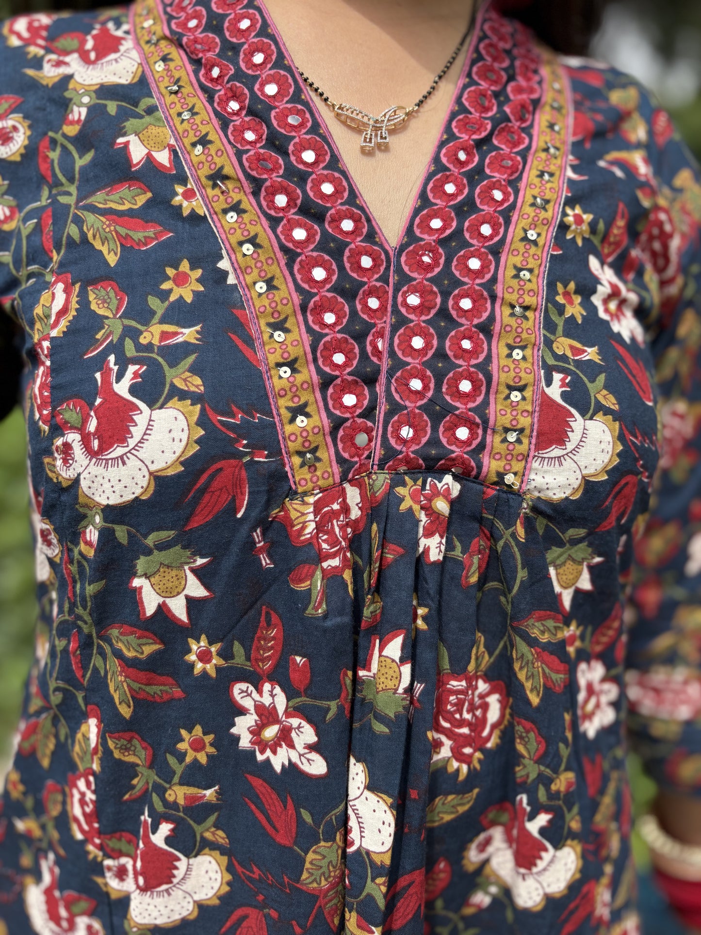 Navy Blue - Floral Print 3 Piece Frock Style Suit Set