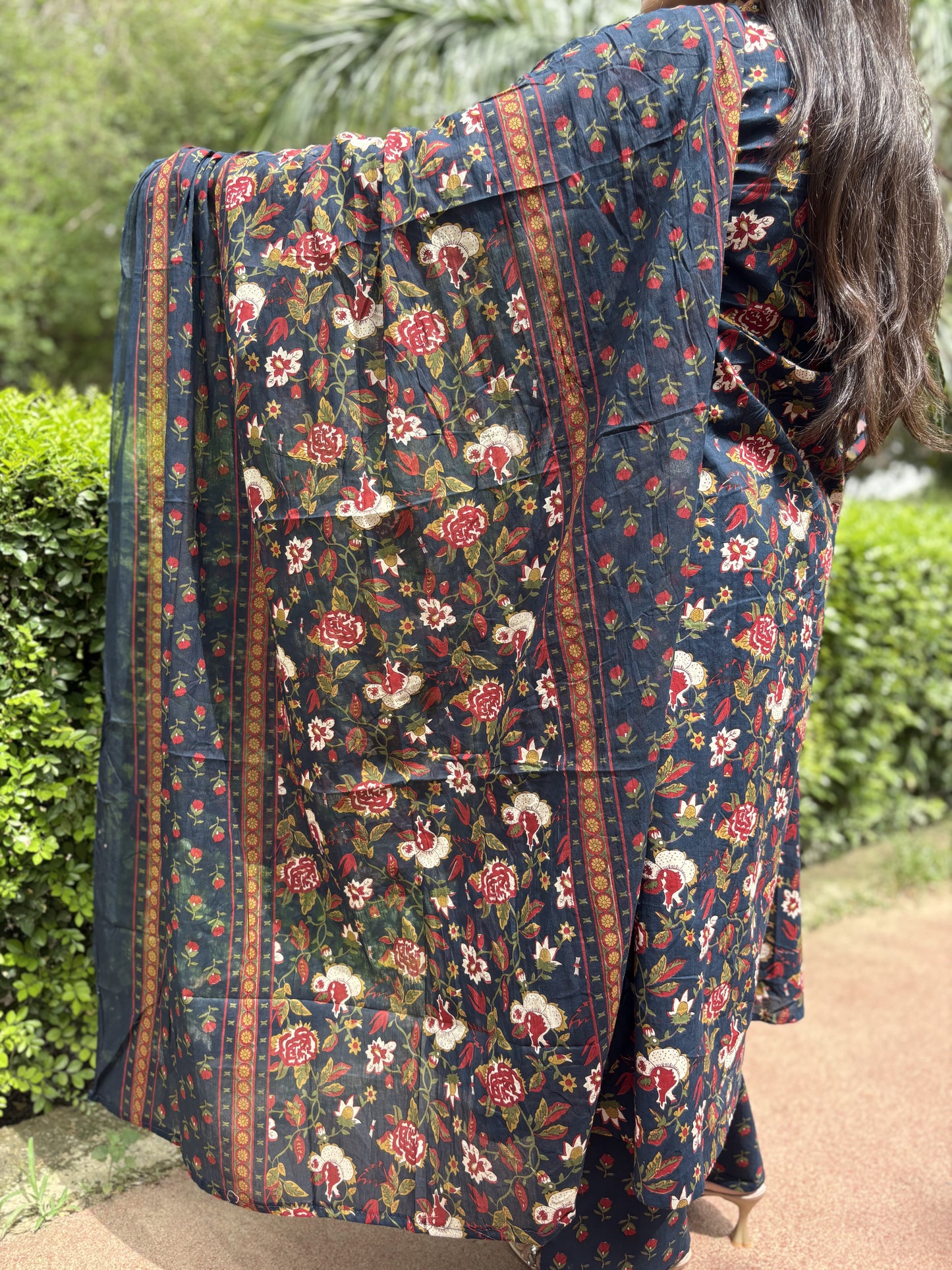 Navy Blue - Floral Print 3 Piece Frock Style Suit Set