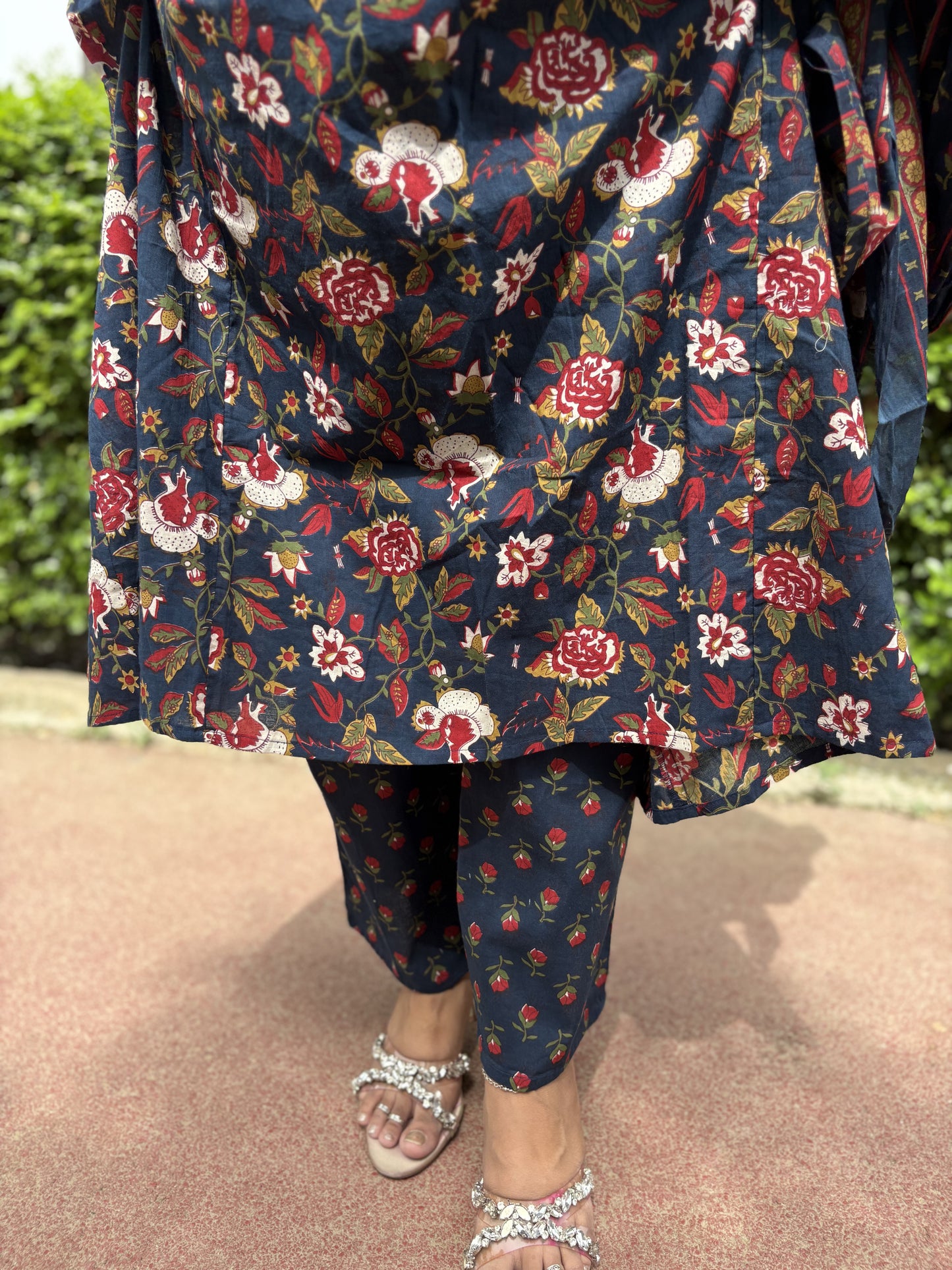 Navy Blue - Floral Print 3 Piece Frock Style Suit Set
