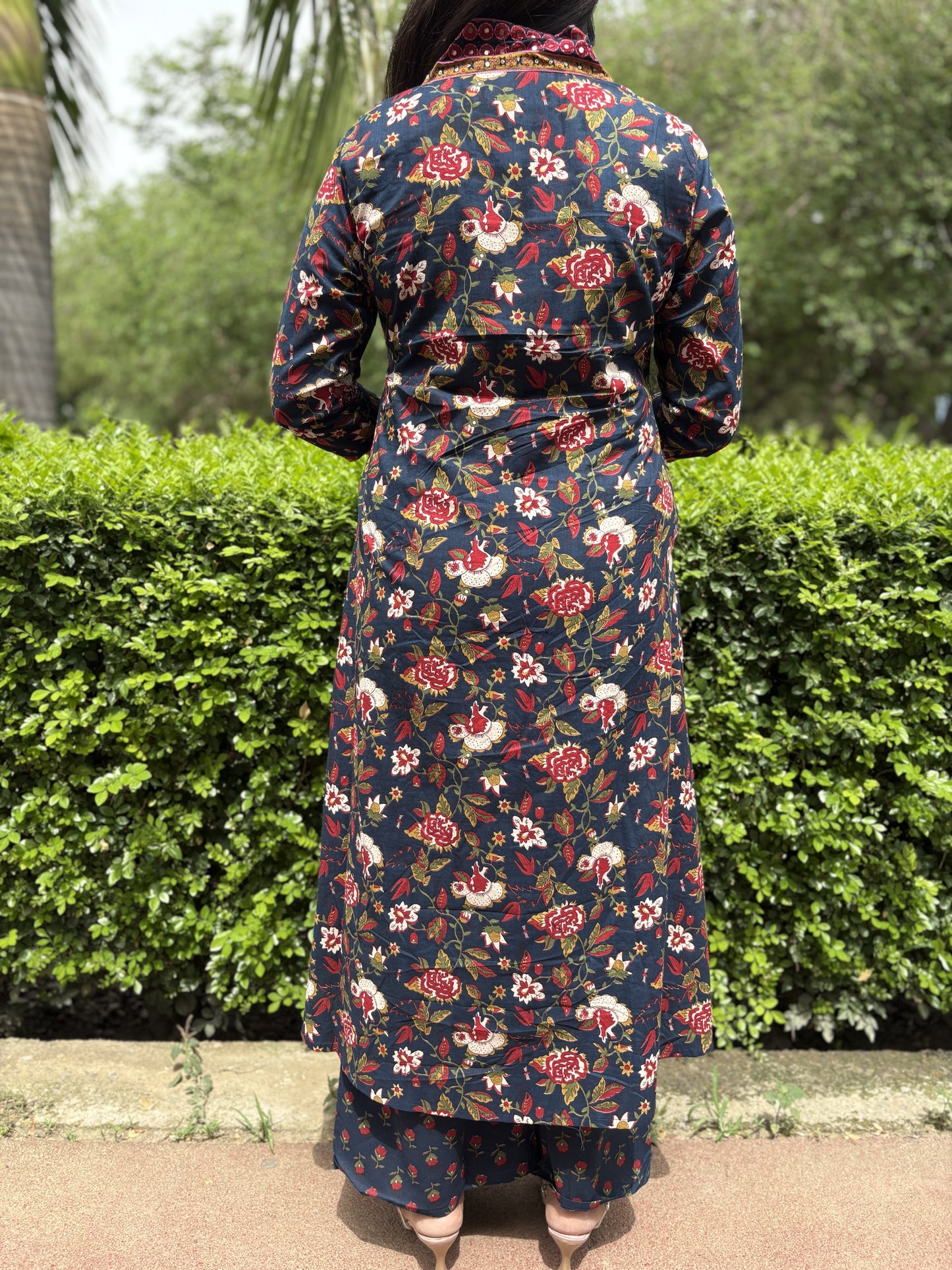 Navy Blue - Floral Print 3 Piece Frock Style Suit Set