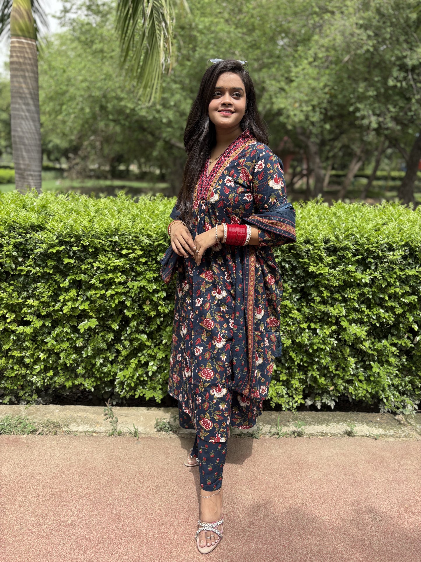 Navy Blue - Floral Print 3 Piece Frock Style Suit Set