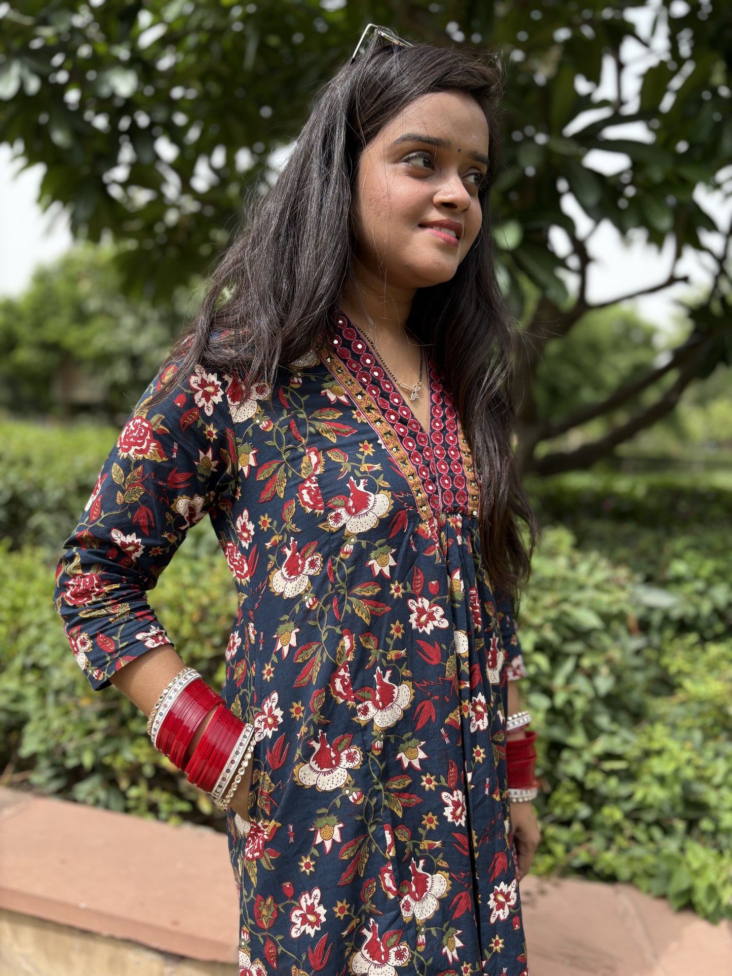 Navy Blue - Floral Print 3 Piece Frock Style Suit Set