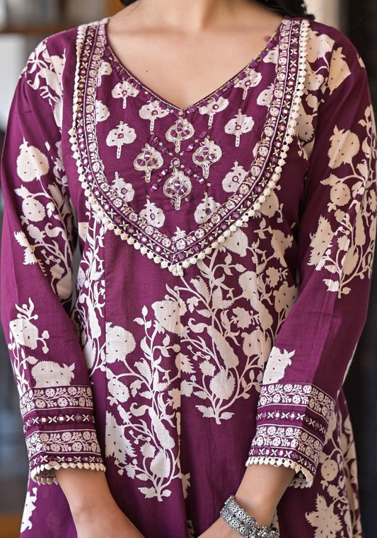 Plum Flair - Printed Anarkali 3 Piece Palazzo Set