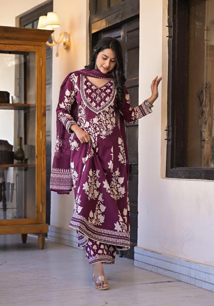 Plum Flair - Printed Anarkali 3 Piece Palazzo Set