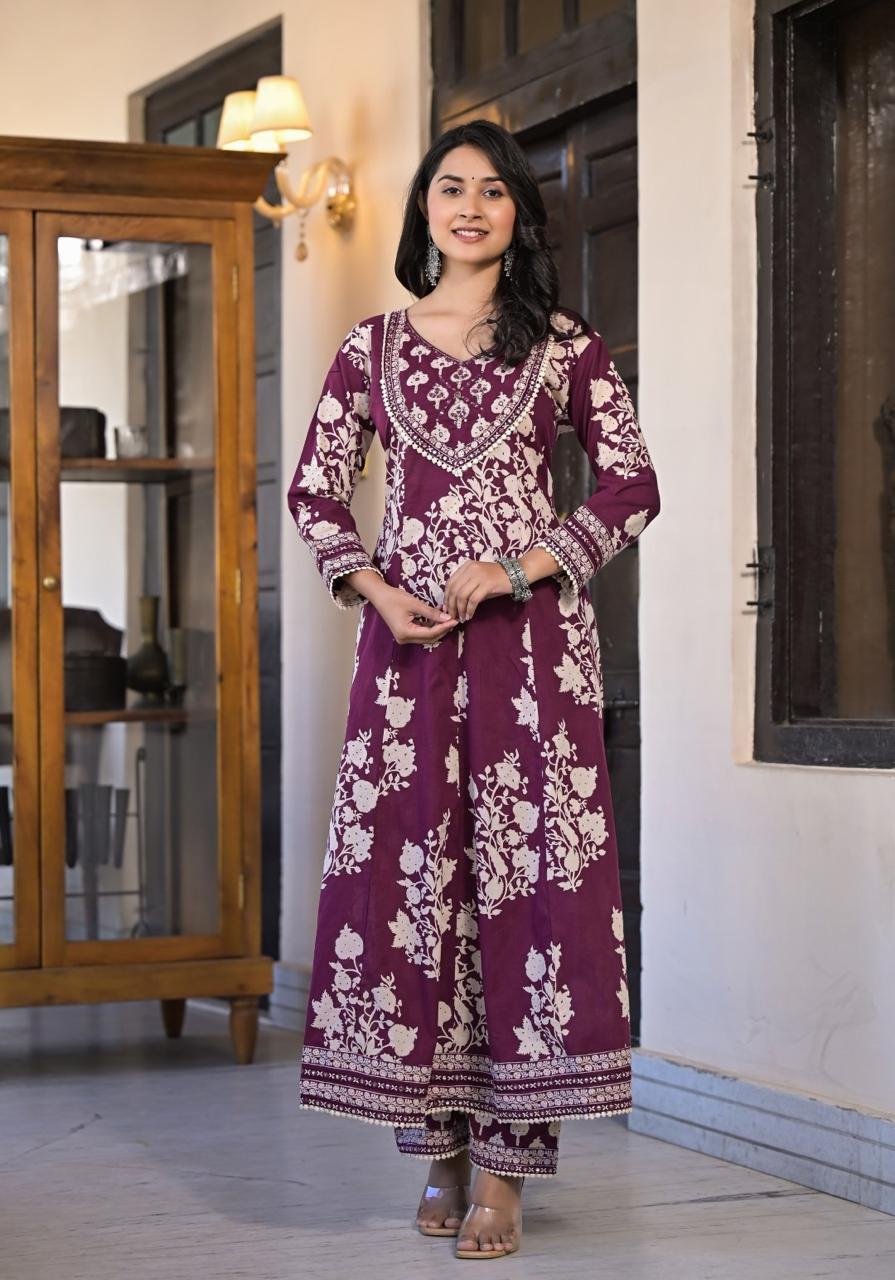 Plum Flair - Printed Anarkali 3 Piece Palazzo Set