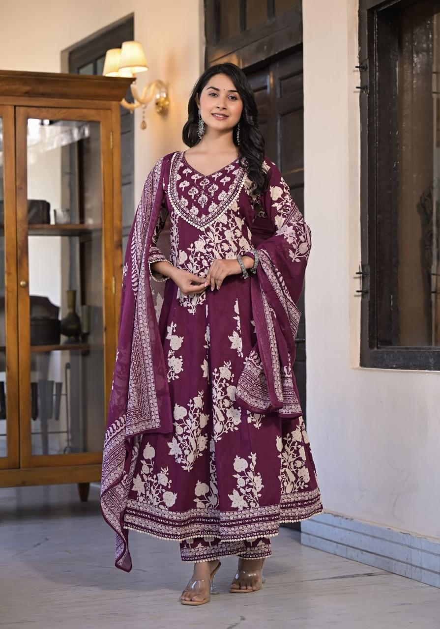 Plum Flair - Printed Anarkali 3 Piece Palazzo Set