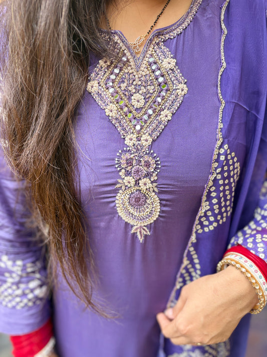 Raahi Bandhani- 3 Piece Satin Silk Suit Set