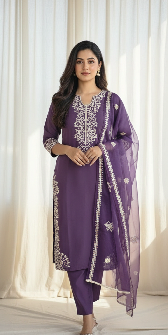 Royal Purple Embroidered 3 Piece Straight  Suit Set