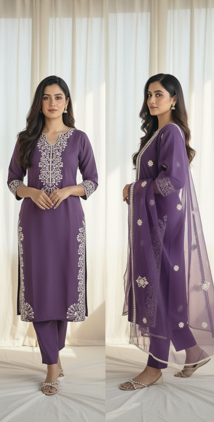 Royal Purple Embroidered 3 Piece Straight  Suit Set
