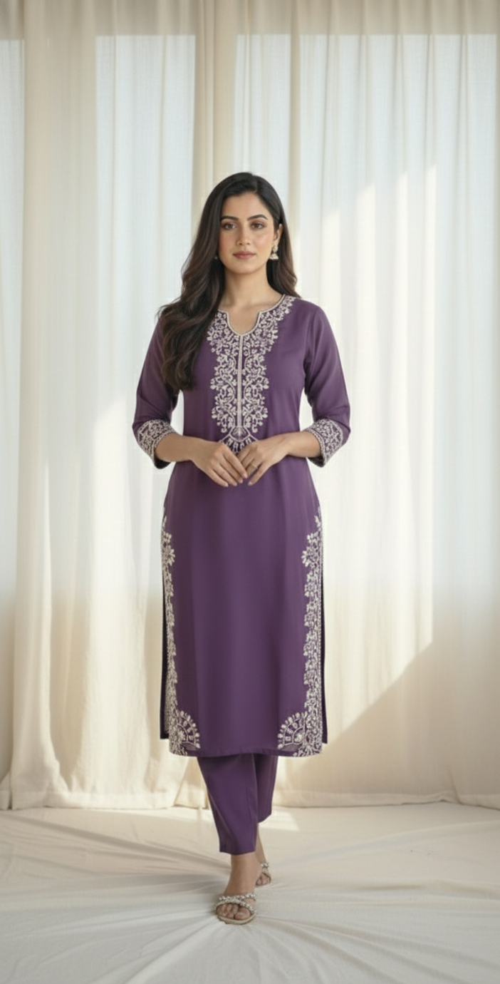 Royal Purple Embroidered 3 Piece Straight  Suit Set