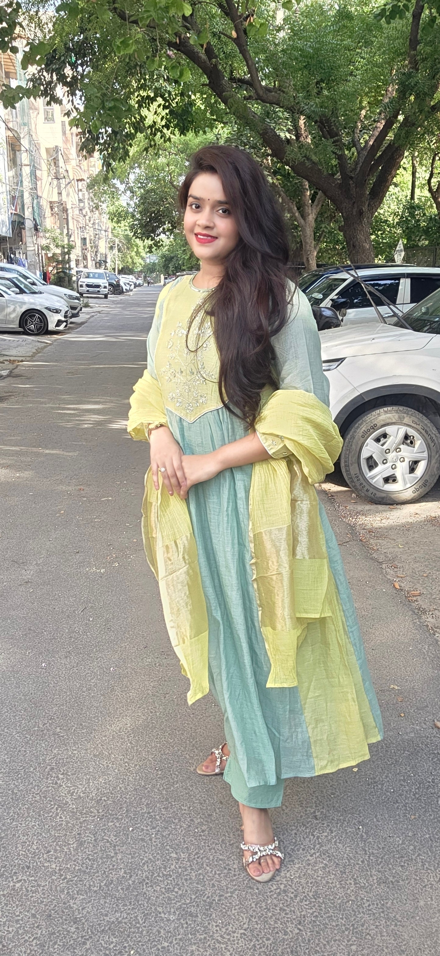 Mint Green Banarasi Mul Chanderi Anarkali 3 Piece Set
