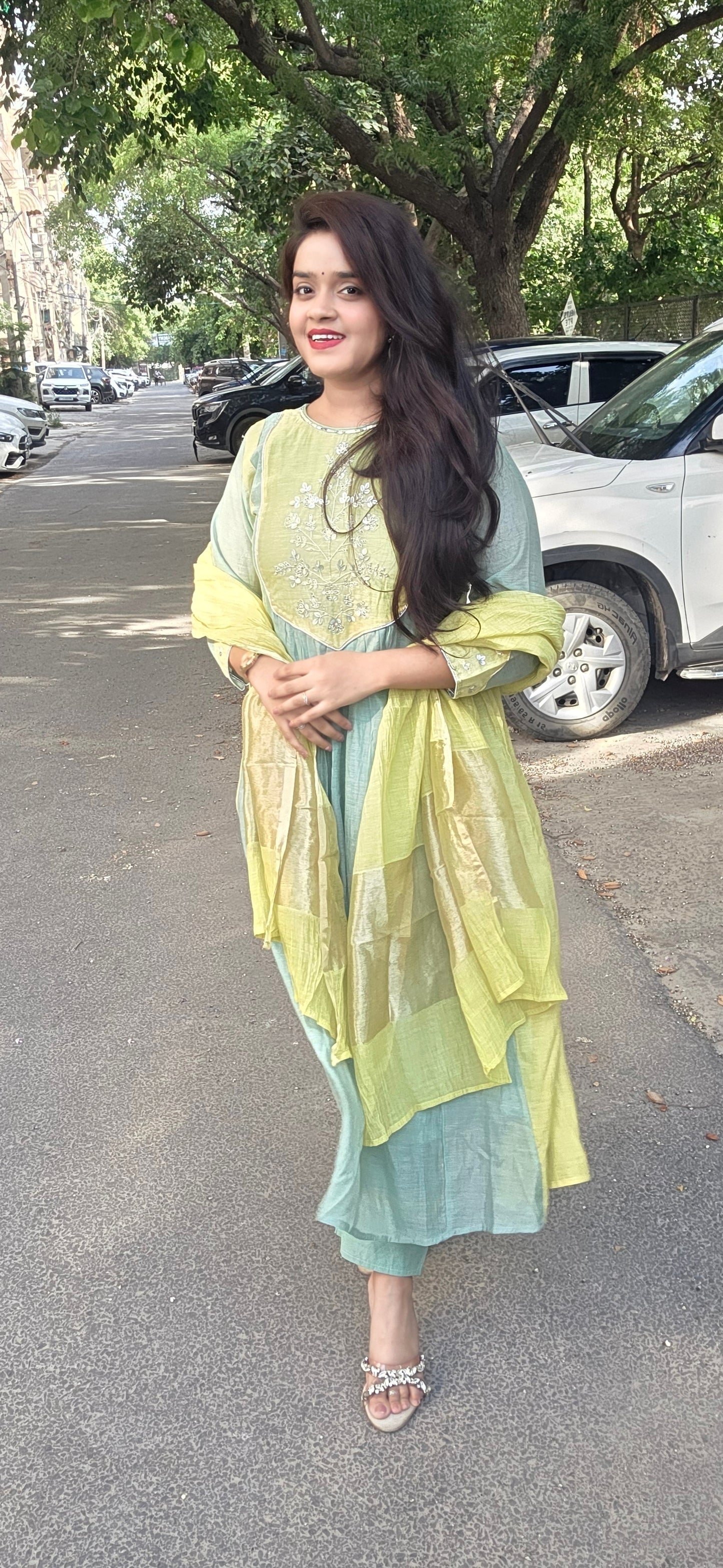 Mint Green Banarasi Mul Chanderi Anarkali 3 Piece Set