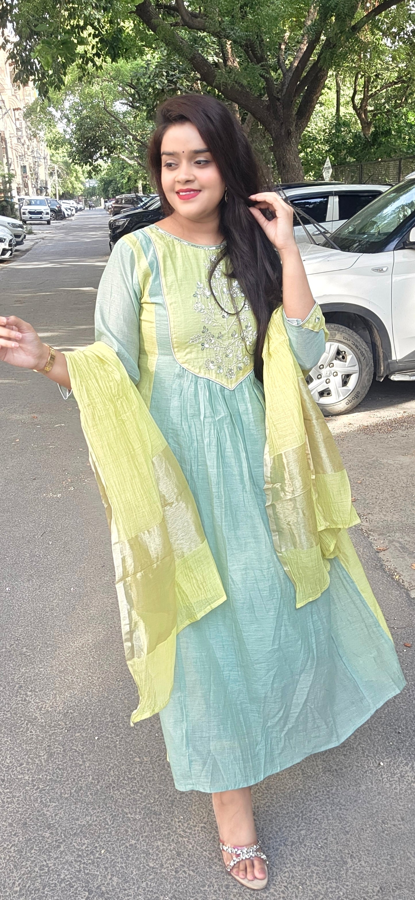 Mint Green Banarasi Mul Chanderi Anarkali 3 Piece Set