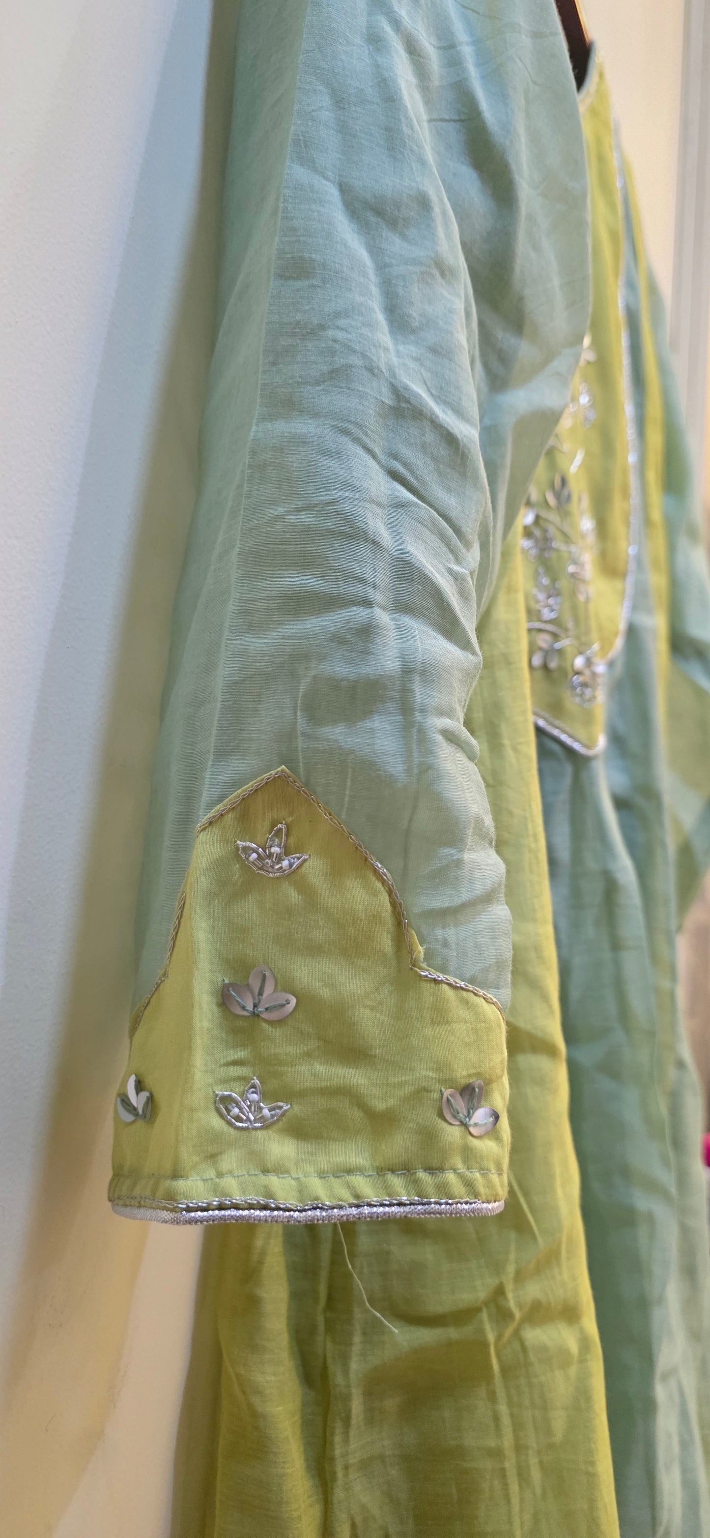 Mint Green Banarasi Mul Chanderi Anarkali 3 Piece Set
