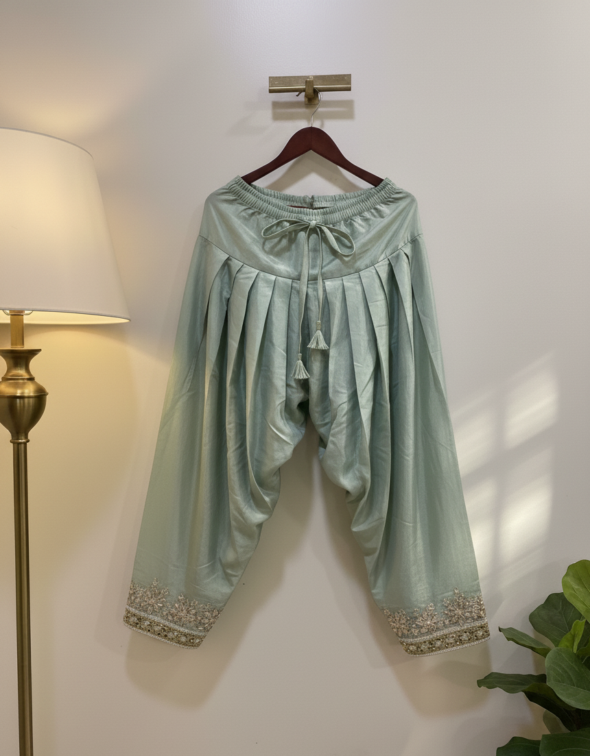 Aabroo - 3 Piece Sage Green Suit Set (Tunic Kurta, Farshi Salwar & Dupatta)