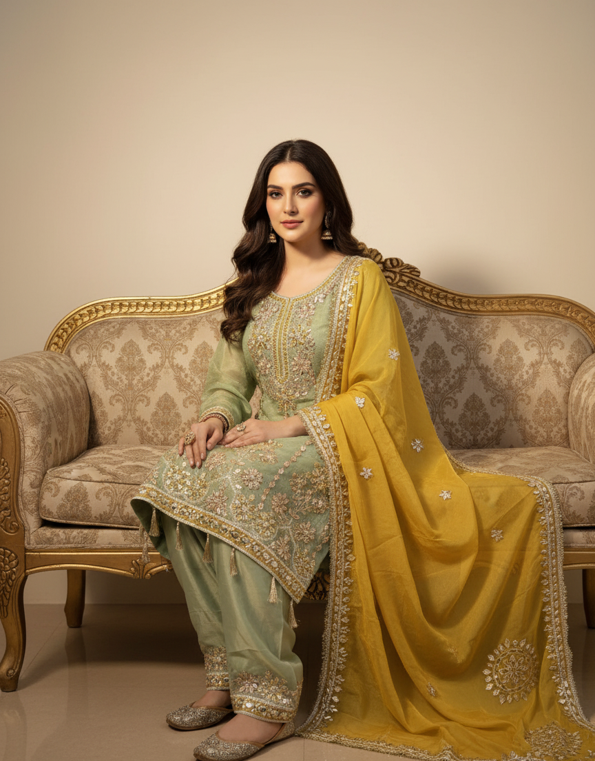 Aabroo - 3 Piece Sage Green Suit Set (Tunic Kurta, Farshi Salwar & Dupatta)