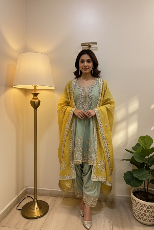 Aabroo - 3 Piece Sage Green Suit Set (Tunic Kurta, Pharsi Salwar & Dupatta)