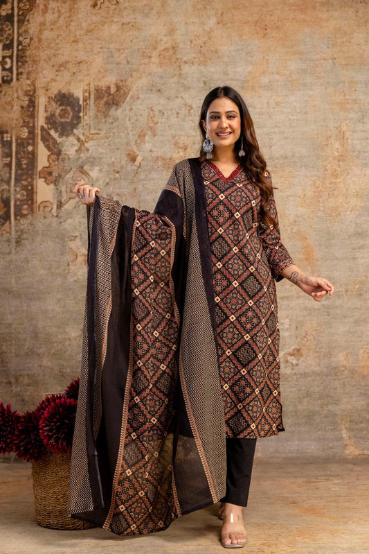 Ajrakta - 3 Piece Black Cotton Straight Suit Set