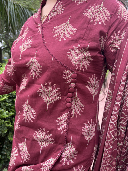 Angrakha Floral - 3 Piece Cotton Straight Suit Set