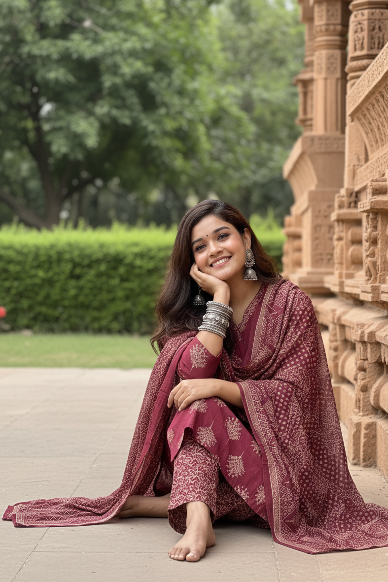 Angrakha Floral - 3 Piece Cotton Straight Suit Set