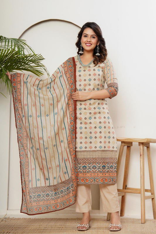 Beige Multicolour Motif Print - 3 Piece Straight Suit Set