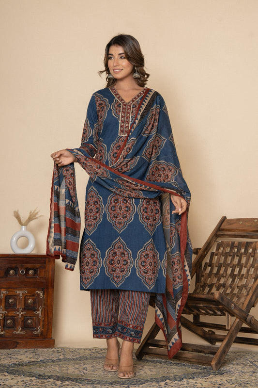 Blue Jaal Print - 3 Piece Cotton Straight Suit Set