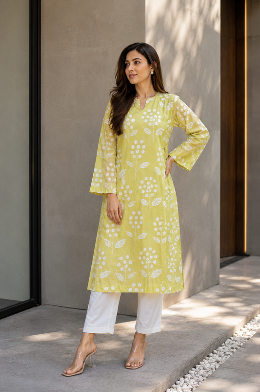 Lime Yellow Banarsi Mul Chanderi 2 Piece Set