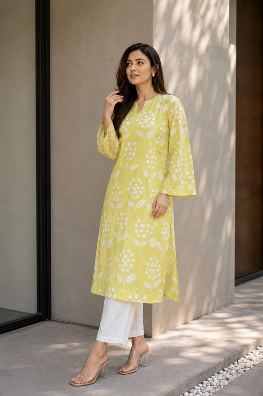 Lime Yellow Banarsi Mul Chanderi 2 Piece Set