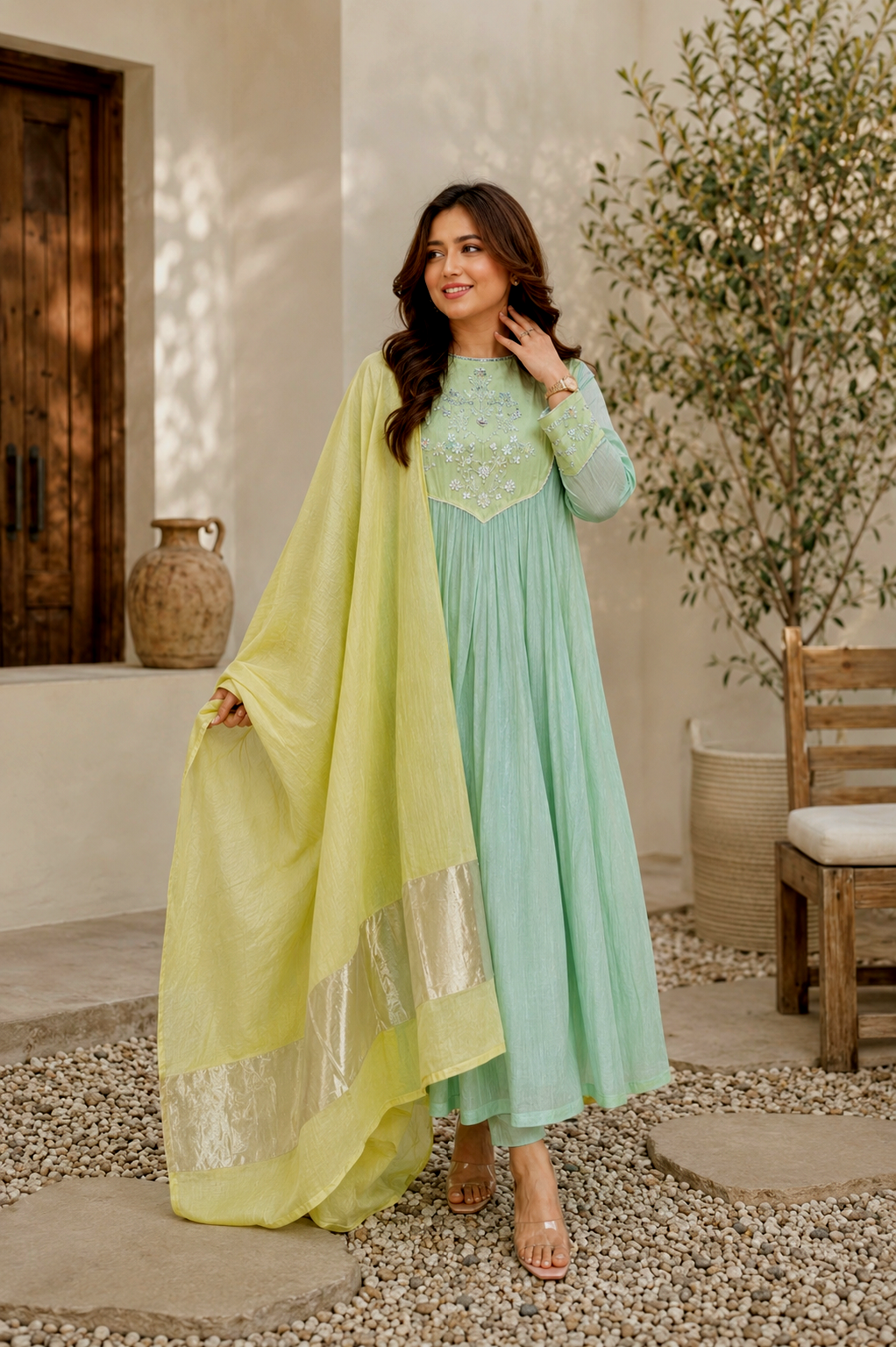 Mint Green Banarasi Mul Chanderi Anarkali 3 Piece Set