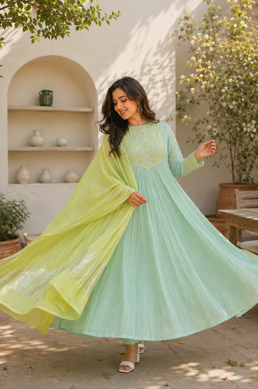 Mint Green Banarasi Mul Chanderi Anarkali 3 Piece Set