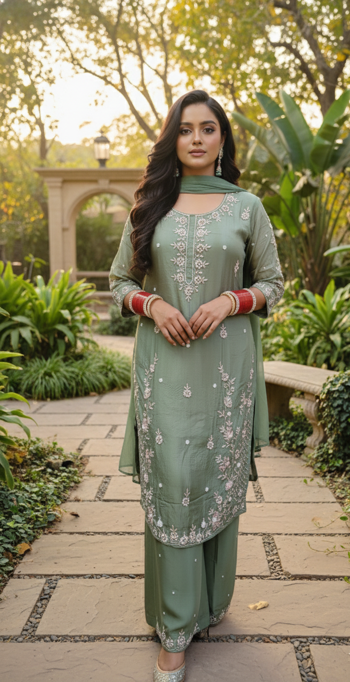 Sage Blossom - 3 Piece Embroidered Suit Set
