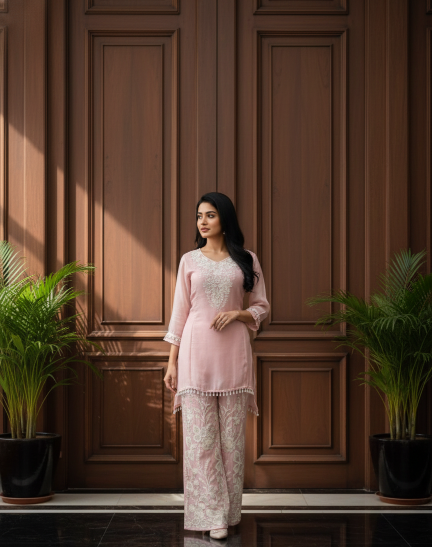 Rose Blush A- LINE Embroidered Co-Ord Set