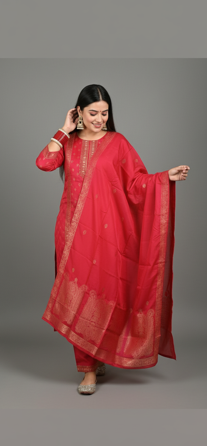 Royal Pink Zari 3 Piece Straight Suit Set