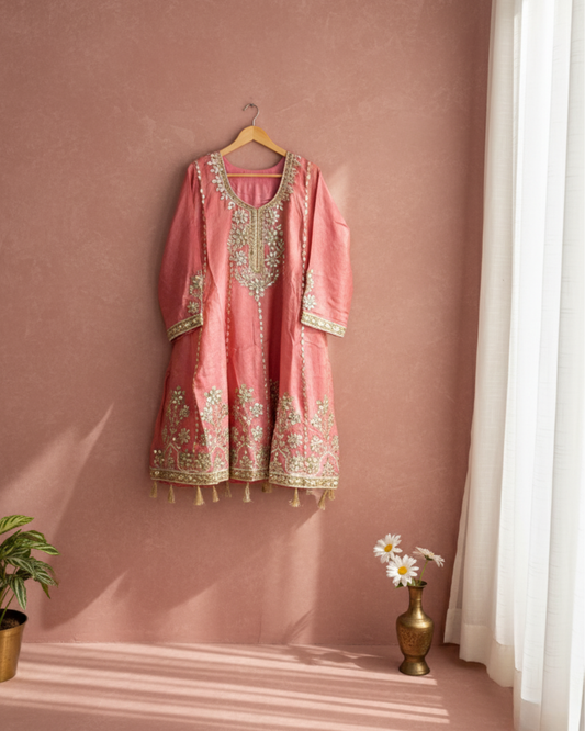 Gulaabi Shaan - 3 Piece Pink Suit Set (Tunic Kurta, Farshi Salwar & Dupatta)