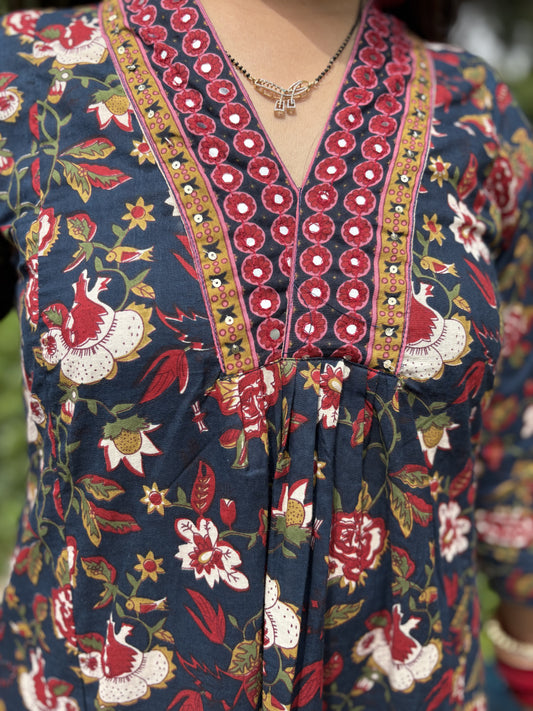 Navy Blue - Floral Print 3 Piece Frock Style Suit Set