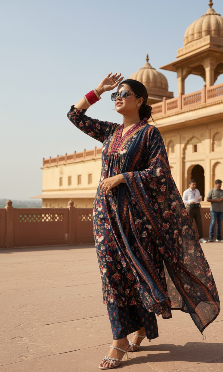 Navy Blue - Floral Print 3 Piece Frock Style Suit Set