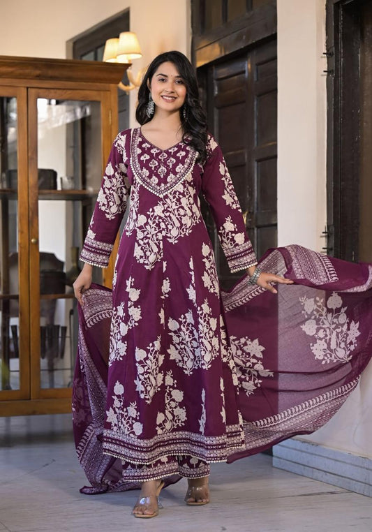 Plum Flair - Printed Anarkali 3 Piece Palazzo Set